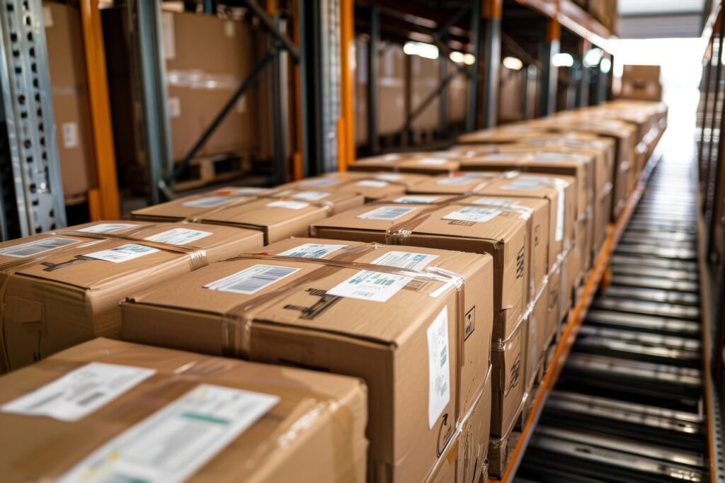 Organized warehouse racks showing product locations for easy stock tracking.