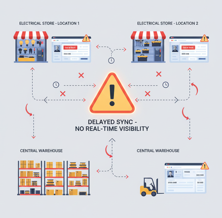 Electrical stores facing delayed inventory sync between multiple locations