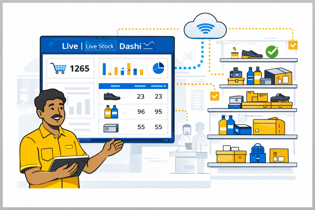 Retail store owner viewing live inventory dashboard with real-time stock updates using cloud-based inventory system