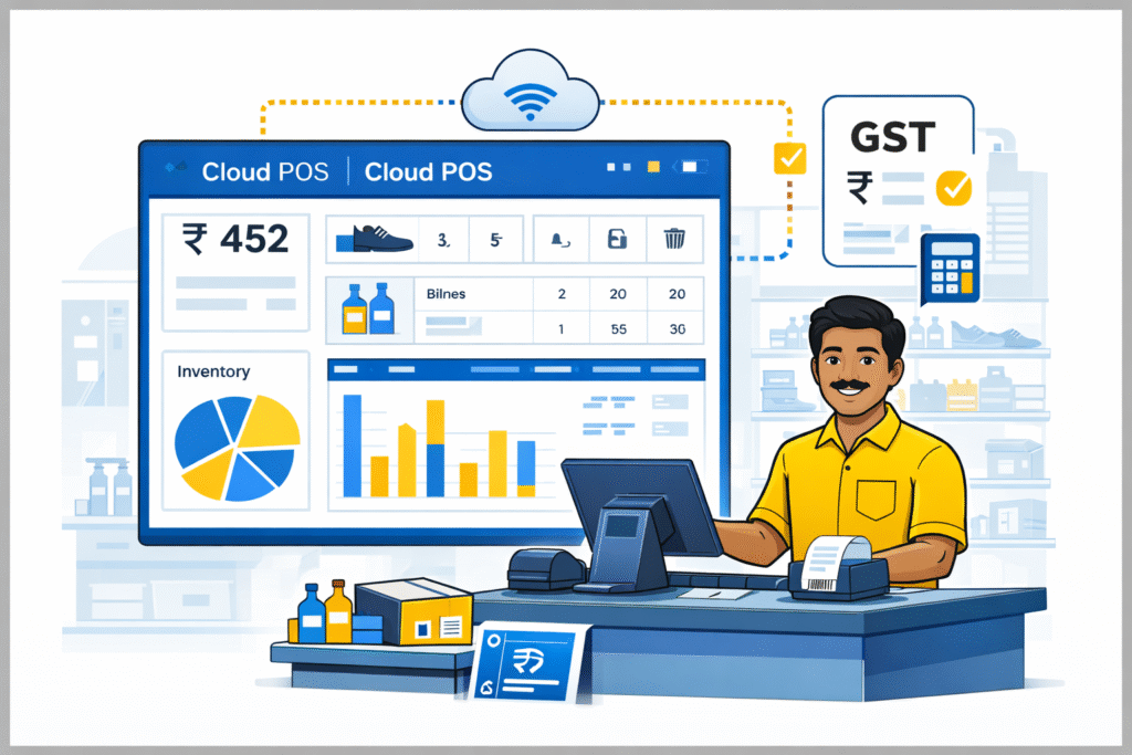 Cloud POS software dashboard for Indian SMEs showing billing and inventory data