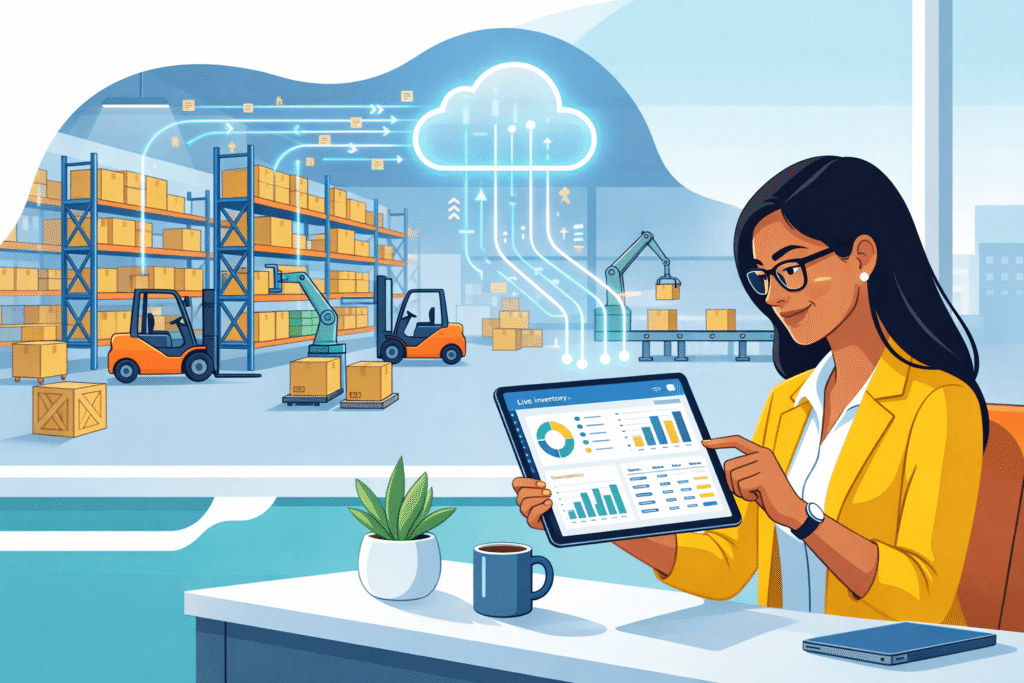 Business owner accessing cloud inventory software remotely in India