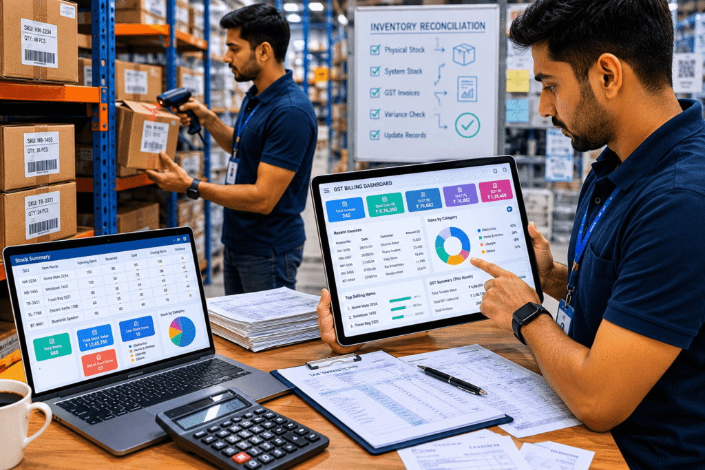 Warehouse stock verification and GST billing operations