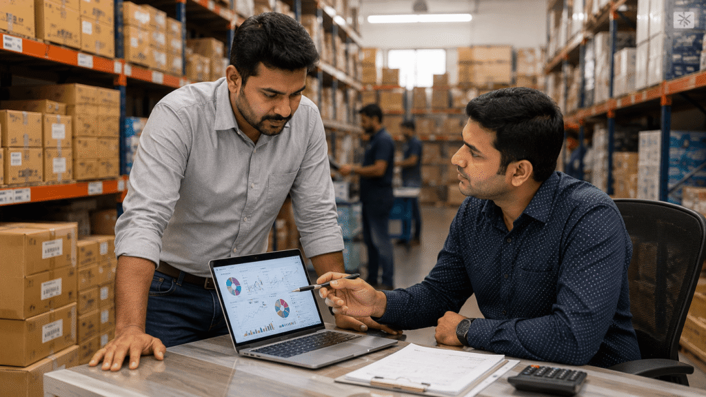 Indian SME owner reviewing inventory reports to improve cash flow