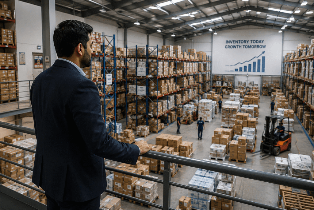 Business owner reviewing warehouse operations and inventory processes during business growth