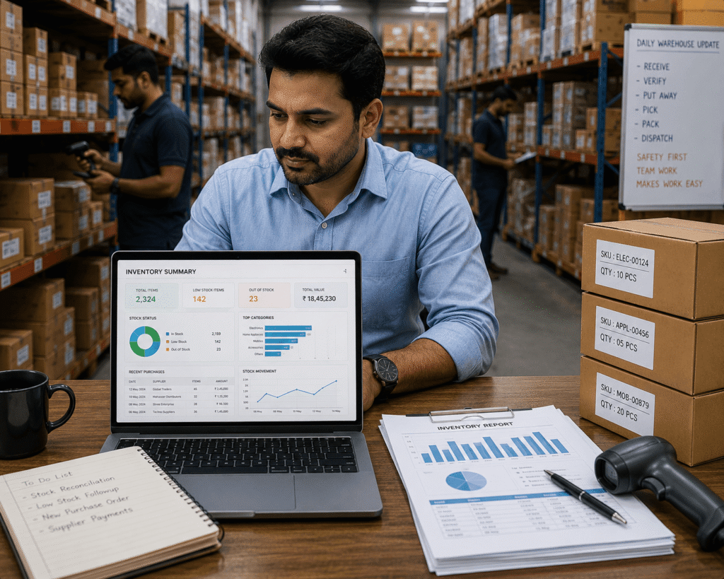 Retail employee performing physical stock verification using inventory checklist