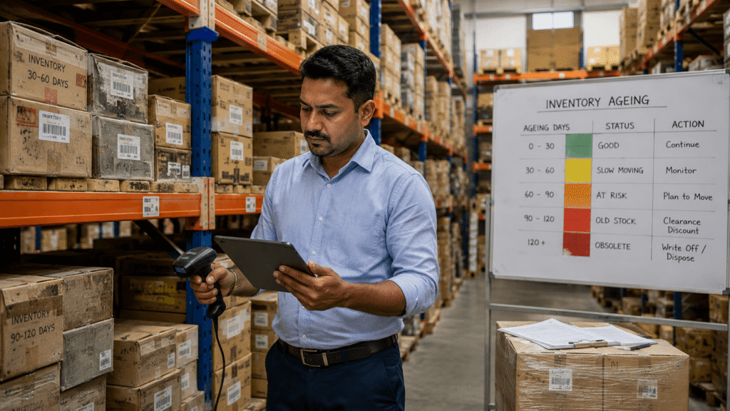 Warehouse manager reviewing slow-moving inventory in an Indian SME warehouse.