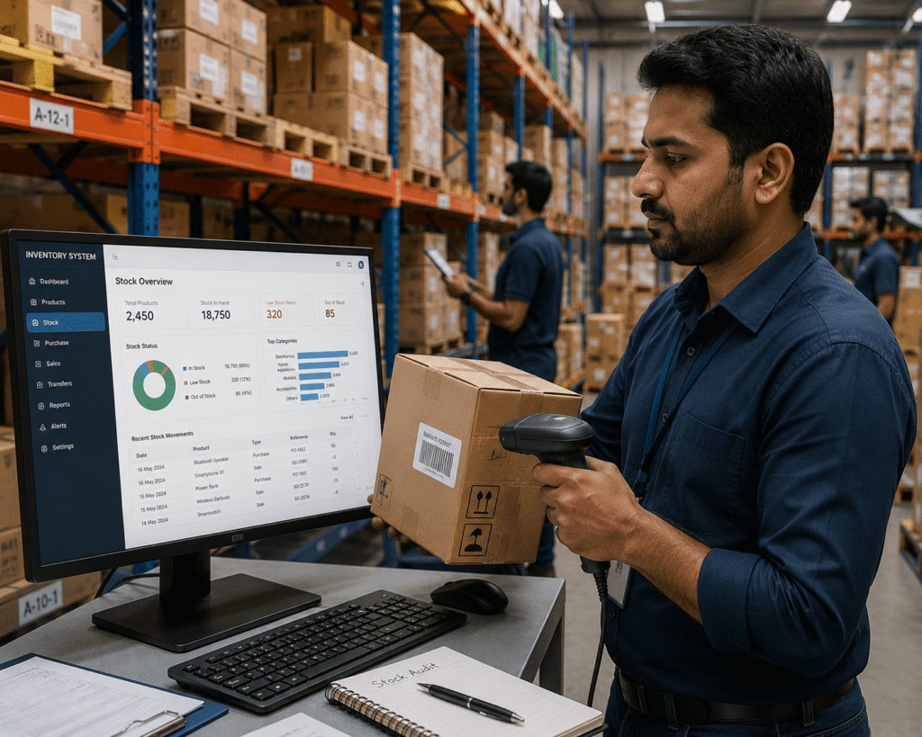 Warehouse manager using barcode scanner and inventory software to improve inventory visibility