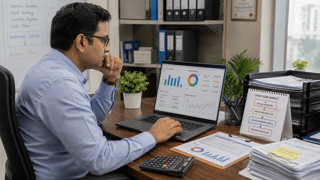 Finance manager reviewing cash flow affected by excess inventory.
