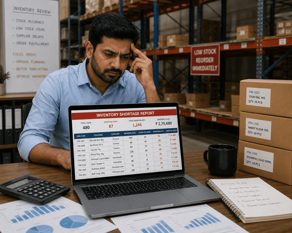 SME business owner reviewing inventory shortage and stock discrepancy reports