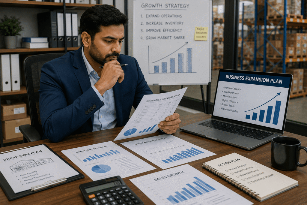 Business owner analyzing inventory reports and growth planning for SME expansion