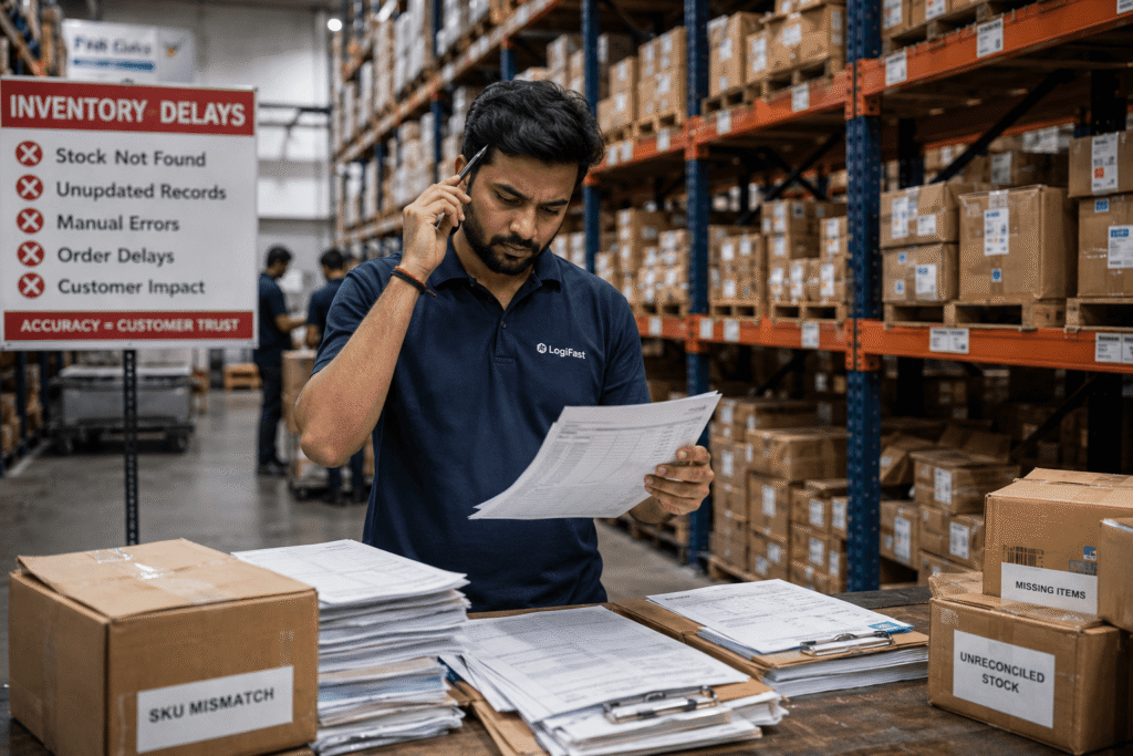 Warehouse staff searching inventory records causing operational delays