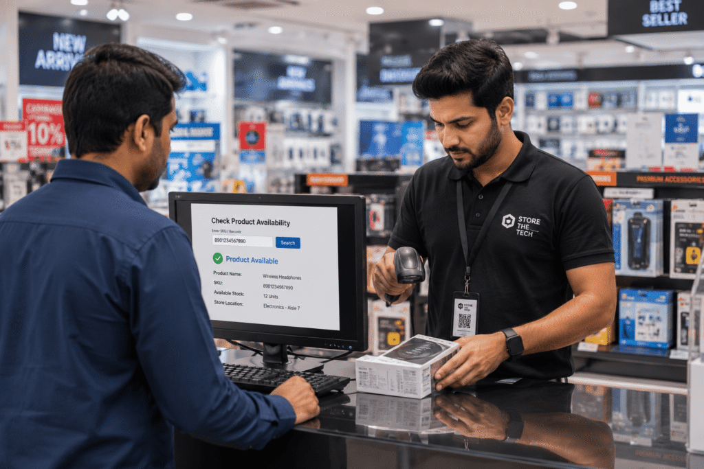 Retail employee checking stock availability for customer inquiry
