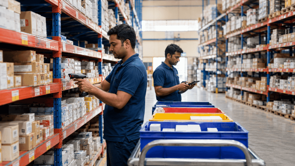 Warehouse staff picking fast-moving products using barcode scanners in a modern Indian warehouse.