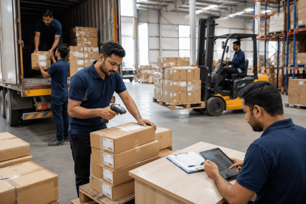 Warehouse team receiving and scanning incoming inventory at the loading dock.