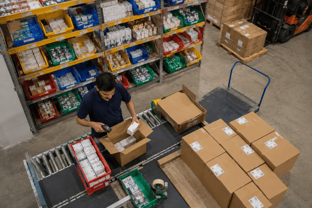 Warehouse order picking and packing station using barcode scanning for order fulfilment.
