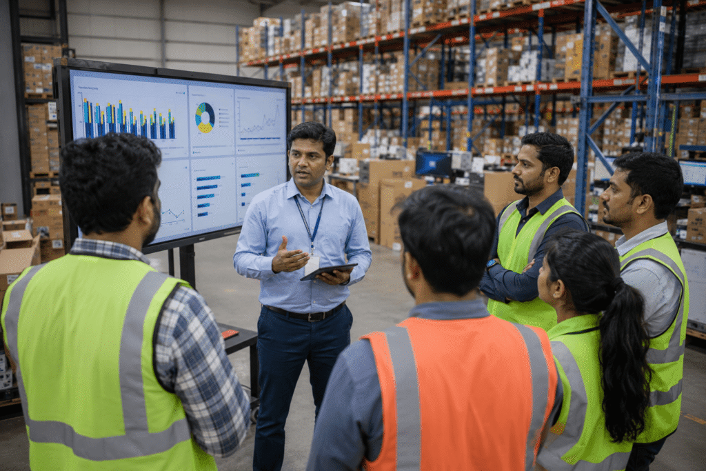 Warehouse supervisor reviewing warehouse performance dashboard with the operations team.